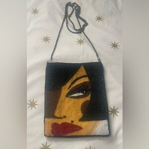 Vintage Beaded Lady Face Crossbody Shoulder Bag